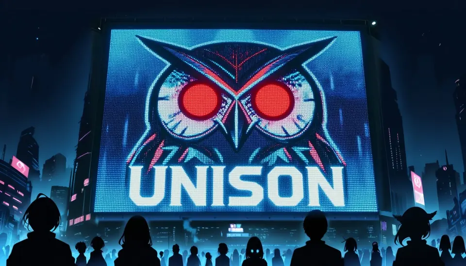UNISONの紋章が映る巨大スクリーン